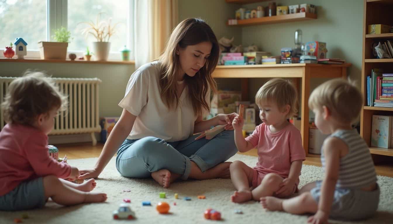 A woman interacts with toddlers in a cozy, cluttered playroom filled with toys and books.