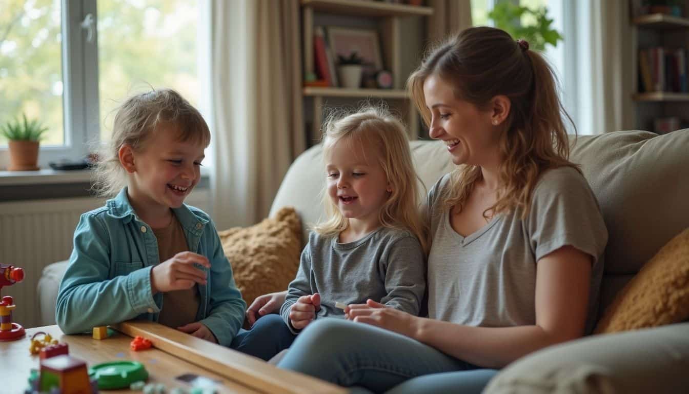 A woman plays casually with two kids on a worn couch in a cozy, lived-in living room.