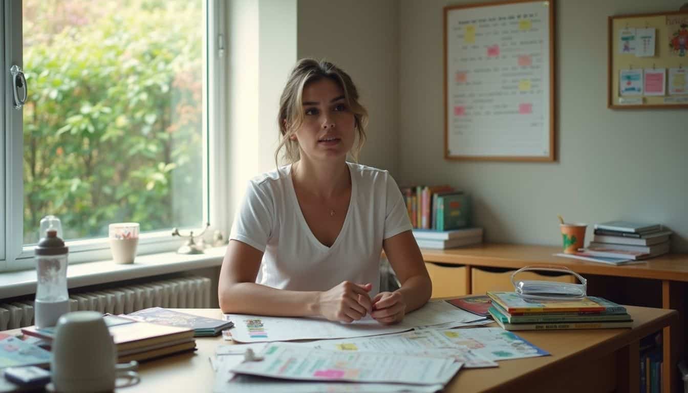 A nanny's cozy workspace features kids' books, toys, and a schedule board, capturing a moment of everyday life.