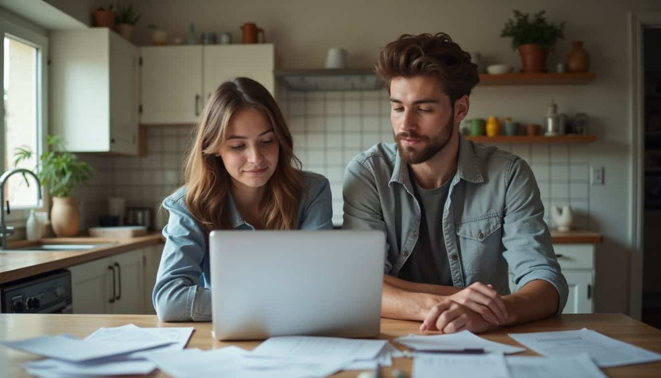 A young couple discusses childcare options at their kitchen table, surrounded by papers and a laptop.