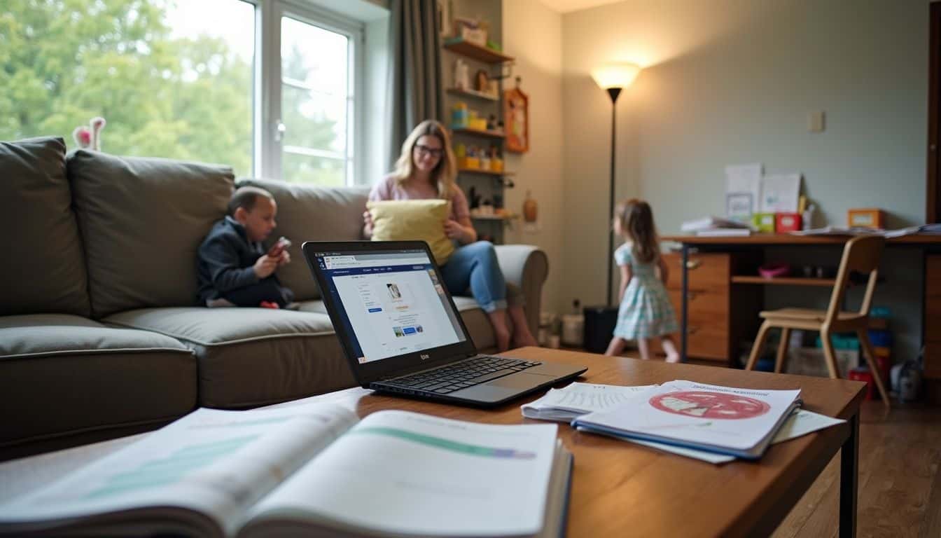 A lived-in living room reflects a family's daily life, filled with toys, a laptop, and everyday clutter.