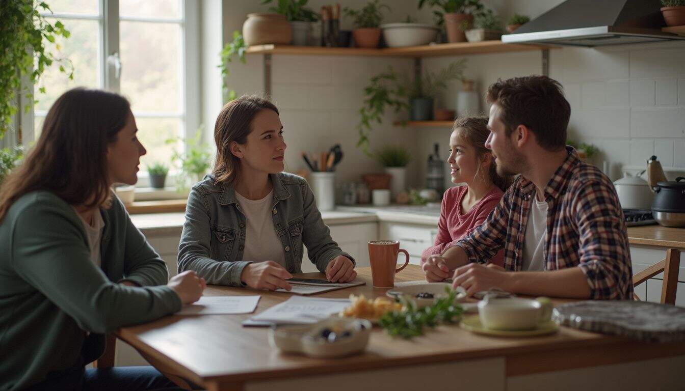 A casual family gathering around a cluttered kitchen table engaging in everyday conversation about work and living situations.