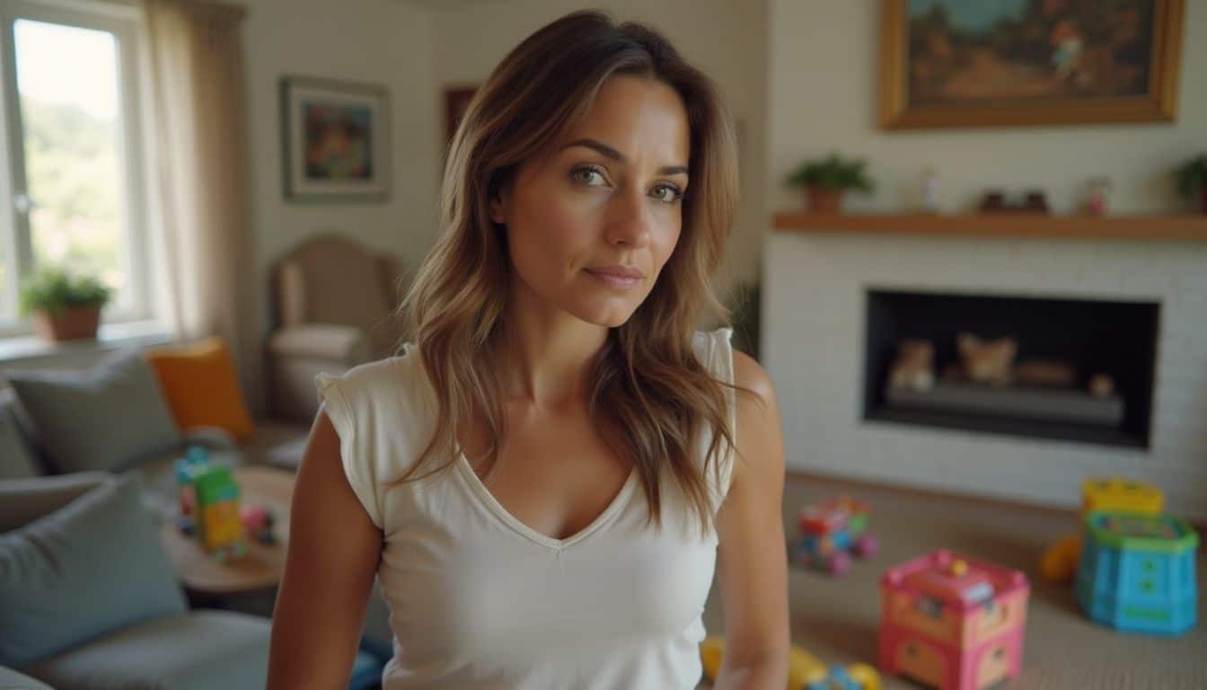 A relaxed nanny manages her day in a cozy living room filled with kids' toys.