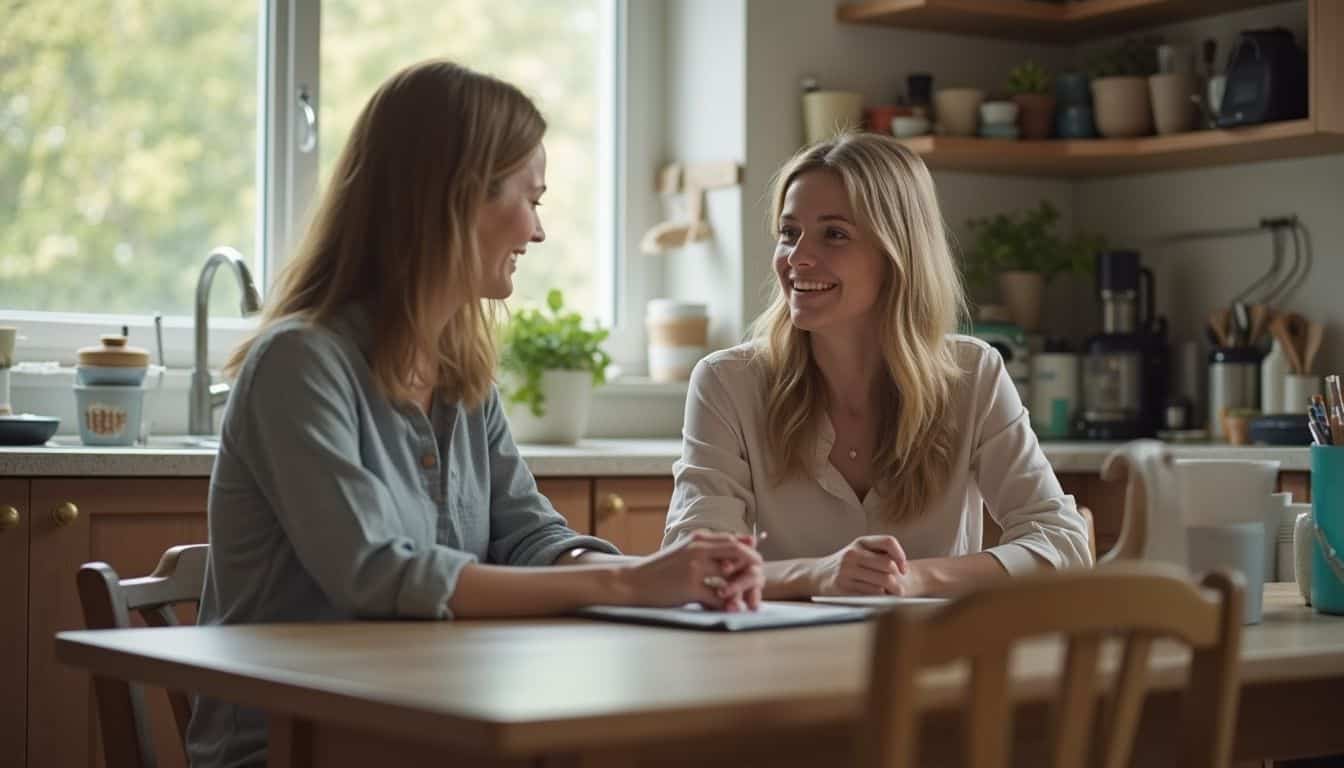 A woman chats casually with her au pair at a cozy, lived-in kitchen table, sharing personal stories.