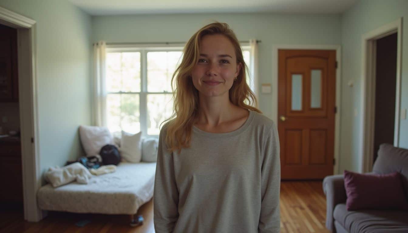 A casual living room with a messy bed and a well-used kitchen reflects a comfortable, lived-in atmosphere.