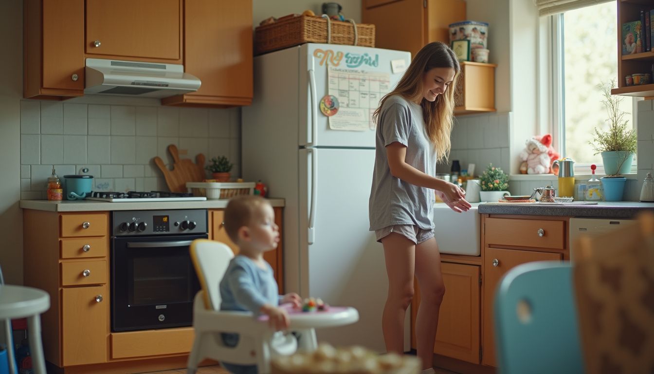 A young woman prepares dinner in a busy kitchen, surrounded by children's toys and a toddler playing nearby.