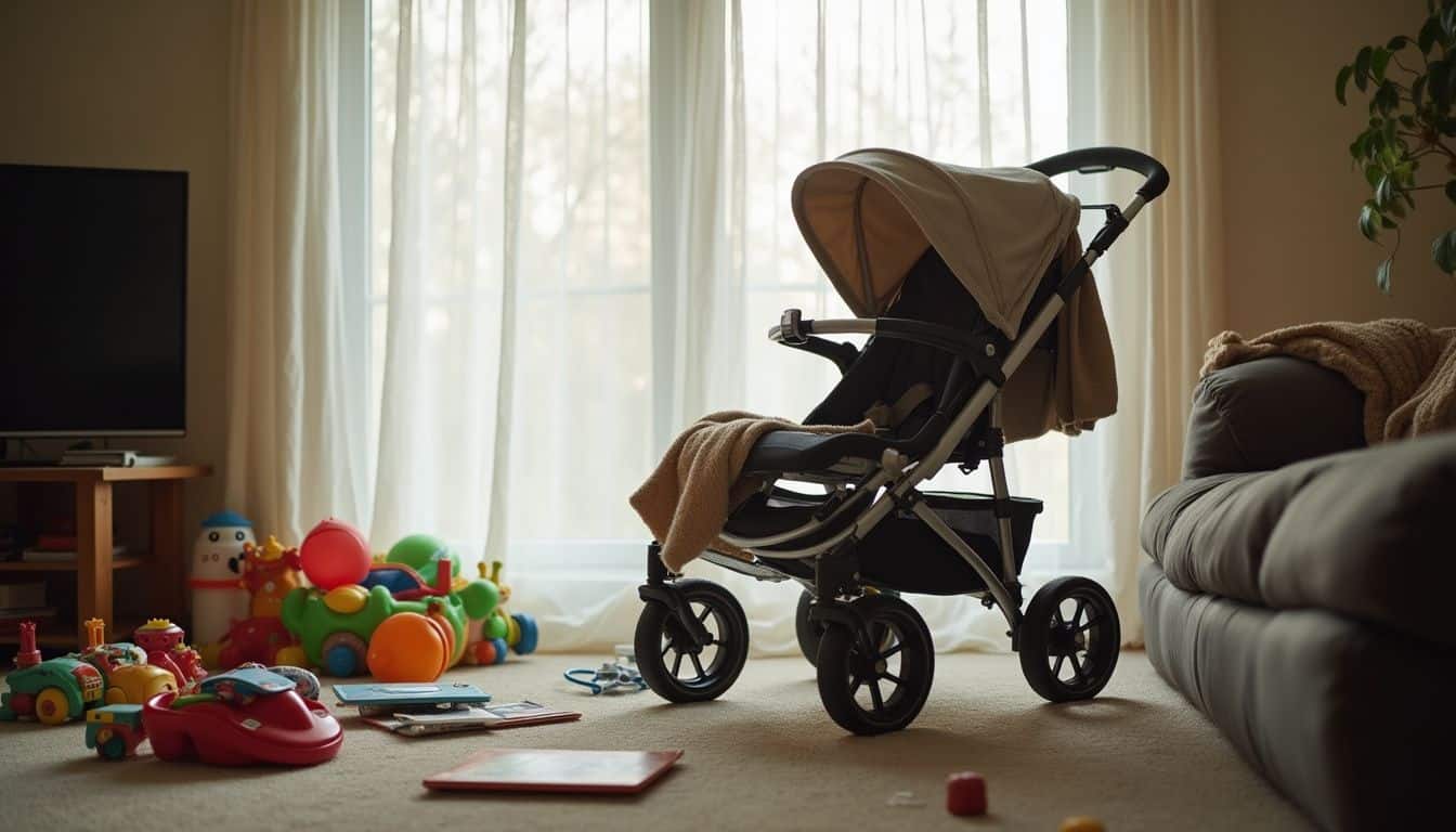 A cozy living room features a parked baby stroller surrounded by scattered toys and books, reflecting a busy home life.
