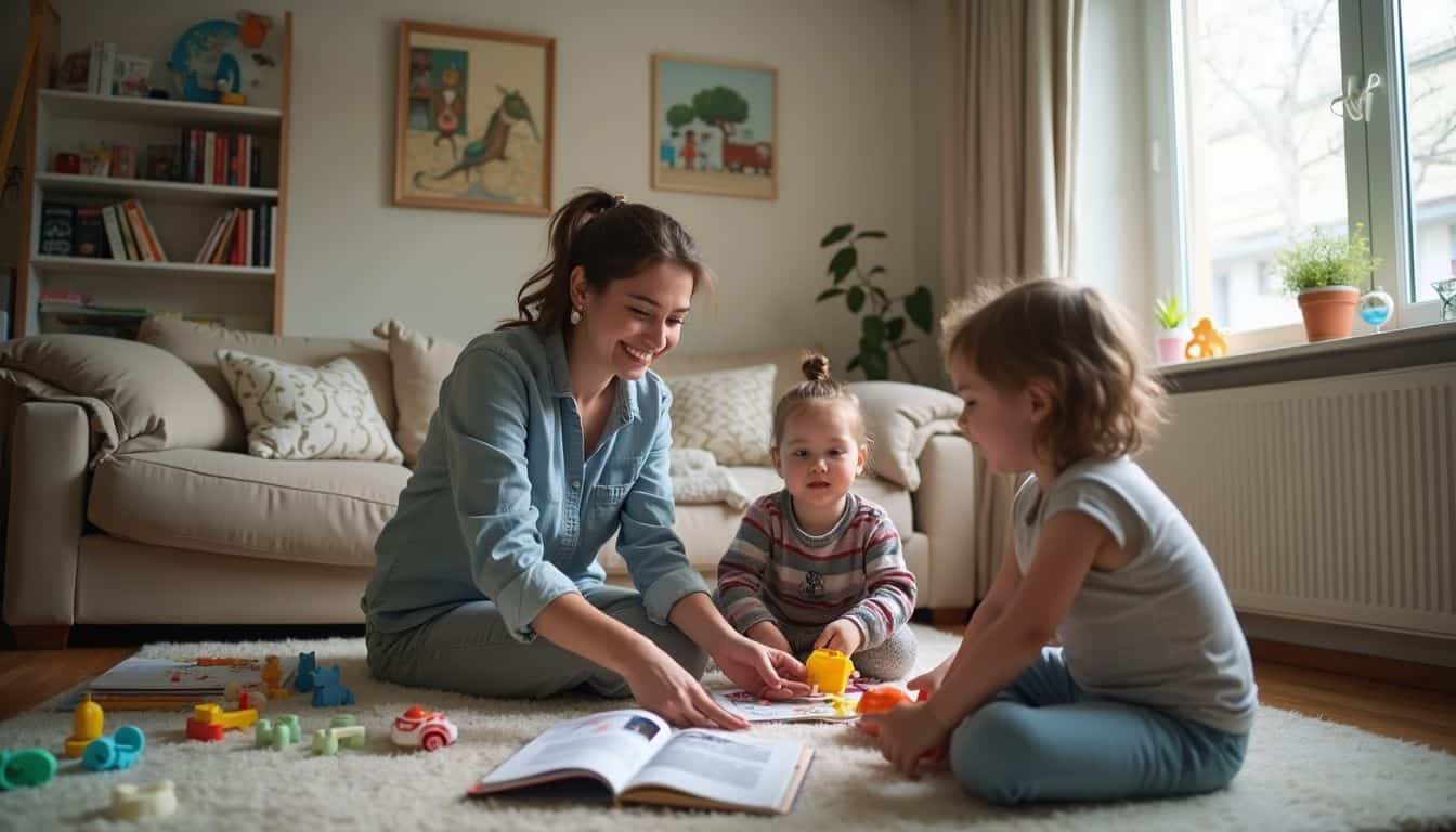 A woman interacts playfully with two young children in a cozy, lived-in living room filled with toys and books.