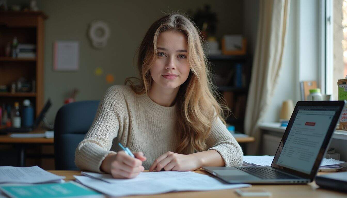 A young woman sits at a messy desk, focused on filling out visa forms with her laptop nearby.