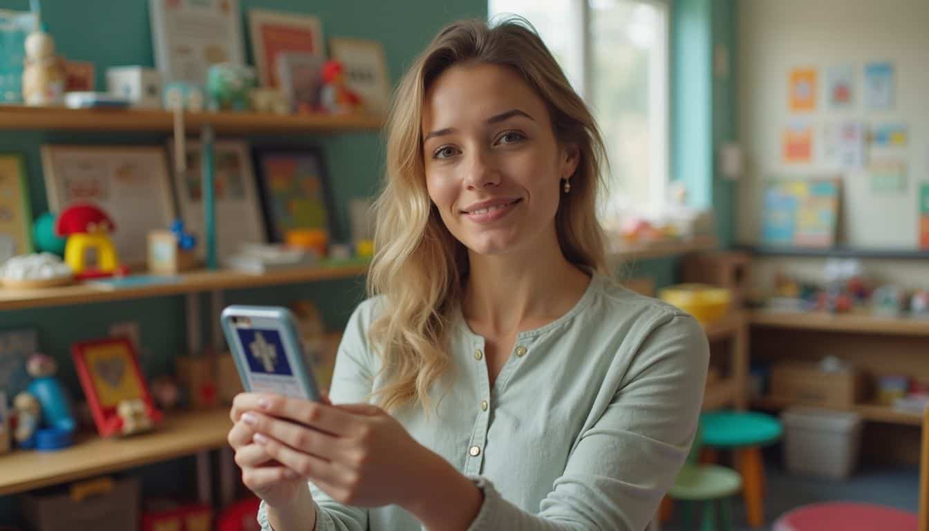 A woman in her 30s holds a worn CPR card in a cluttered daycare filled with toys and books.