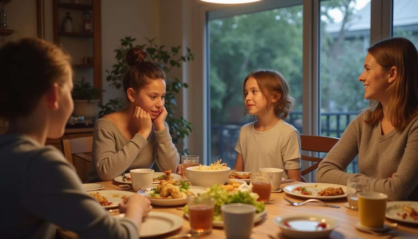 A casual family dinner captures a relaxed moment with parents, their kids, and an engaged au pair.