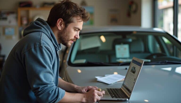 Downloaded car shopping guide on laptop, man researching car options online, indoor setting with vehicle, male using technology for vehicle purchase, automotive shopping and research.
