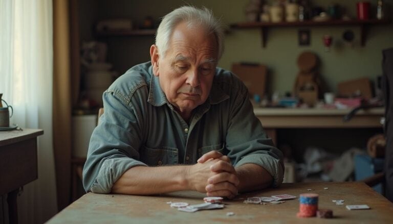 Thinking man playing cards with chips on rustic wooden table in cozy home setting, reflecting leisure and relaxation.