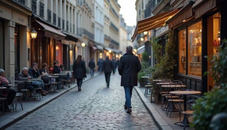 A man walking alone on a cobblestone street lined with cafes and outdoor seating in a European city during dusk.