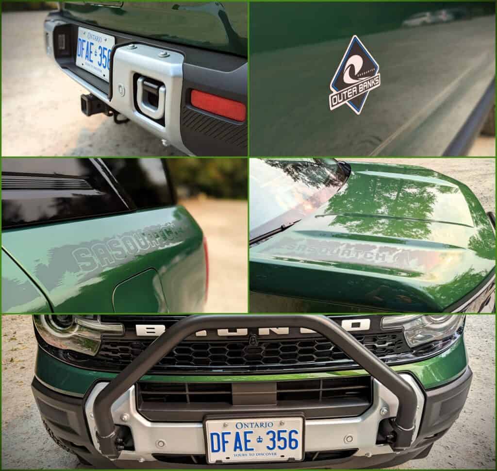 2025 Ford Bronco Sport Outer Banks Review 4 Green off-road vehicle with SASQUATCH stickers and Ontario license plates.