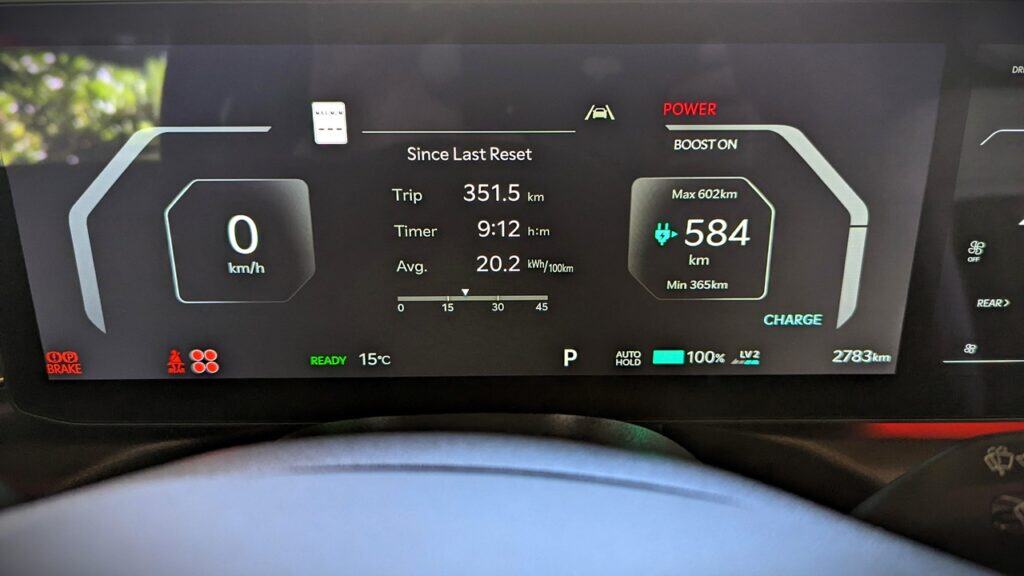 2025 Kia EV9 GT-Line Review 4 1. Modern electric vehicle dashboard displaying trip data, battery charge, and power status for eco-friendly driving.