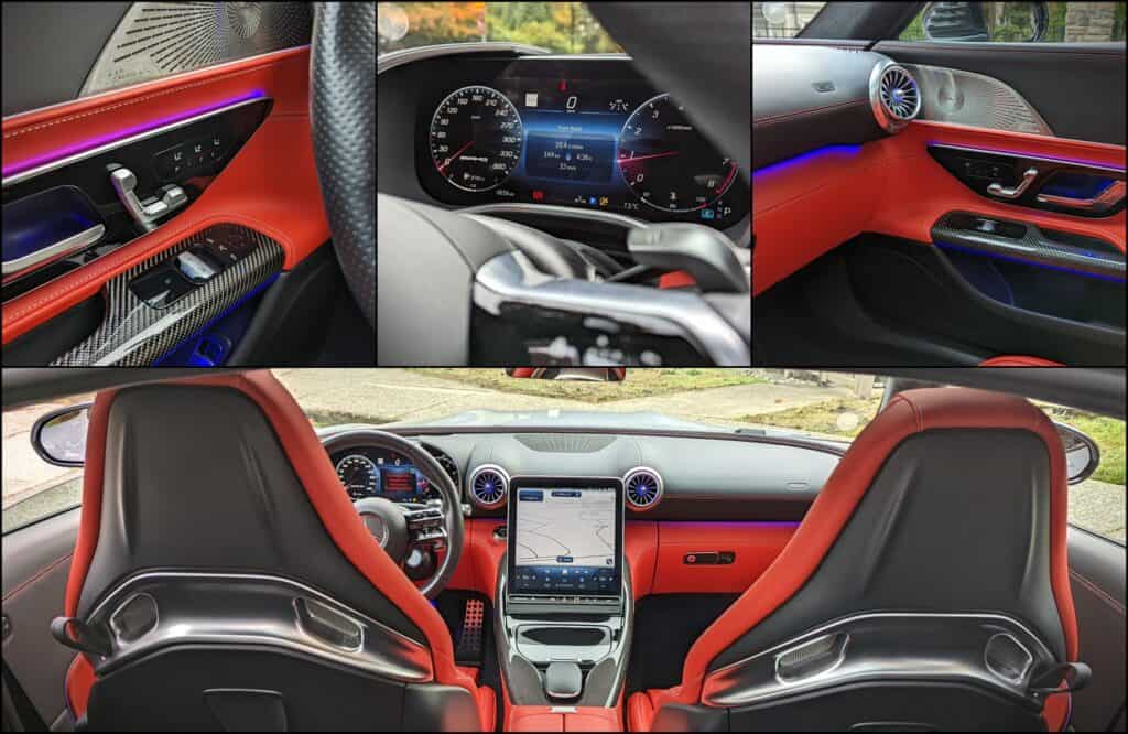 2025 Mercedes-AMG GT 63 4MATIC+ Coupe Review 7 Red and black sports car interior with carbon fiber accents, digital dashboard, and modern controls; luxury vehicle with high-performance features.