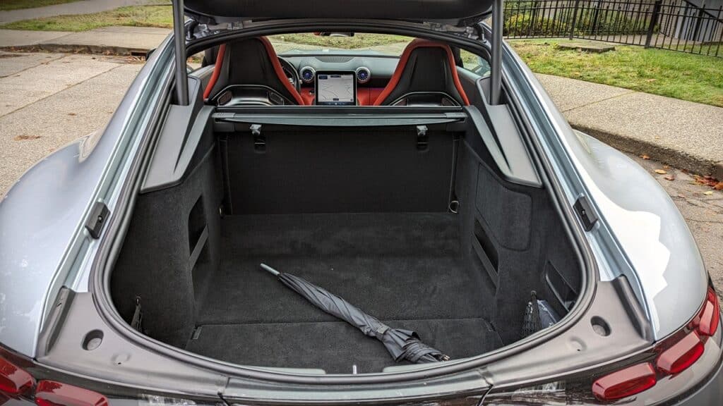 2025 Mercedes-AMG GT 63 4MATIC+ Coupe Review 8 Spacious car trunk with ample storage space for everyday use and travel, featuring a clean, modern interior design.