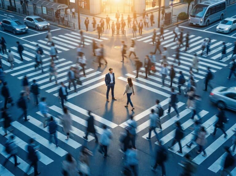 Crowd of diverse people walking across a busy crosswalk in an urban setting at sunset, demonstrating city life and commuter activity.