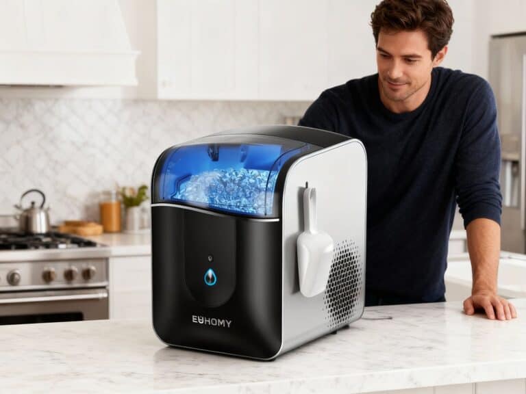 High-tech countertop ice maker machine in a modern kitchen, preparing ice cubes for drinks, sleek design, and digital controls, ideal for stylish home bar setups and entertaining guests.