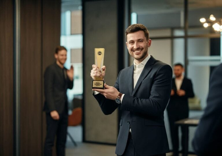 An accomplished man in a suit proudly displays a trophy he received at a professional award ceremony, celebrating achievement and success in the business world, with a joyful expression and others applauding in the background.