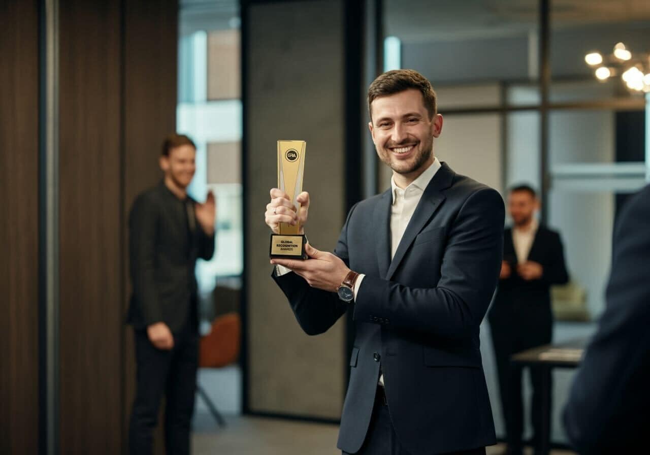 Free Entry Model Makes Global Recognition Awards Accessible Worldwide 1 An accomplished man in a suit proudly displays a trophy he received at a professional award ceremony, celebrating achievement and success in the business world, with a joyful expression and others applauding in the background.