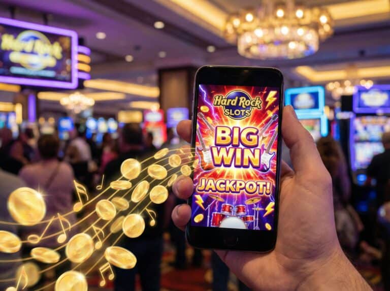 Vibrant casino gaming scene with a smartphone showcasing a winning slot game at Hard Rock Casino, surrounded by colorful lights and lively crowd.