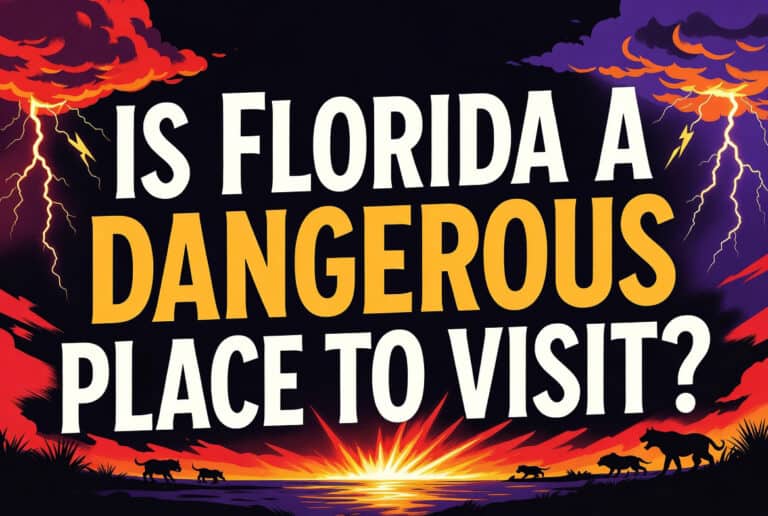 Lightning storm over Florida with dark clouds and silhouetted wildlife, illustrating the dangerous aspects of visiting Florida, highlighting natural hazards and adventurous travel considerations.