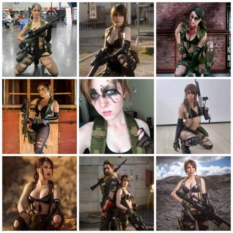 Killer cosplay women dressed as military and combat characters posing with weapons at various locations.