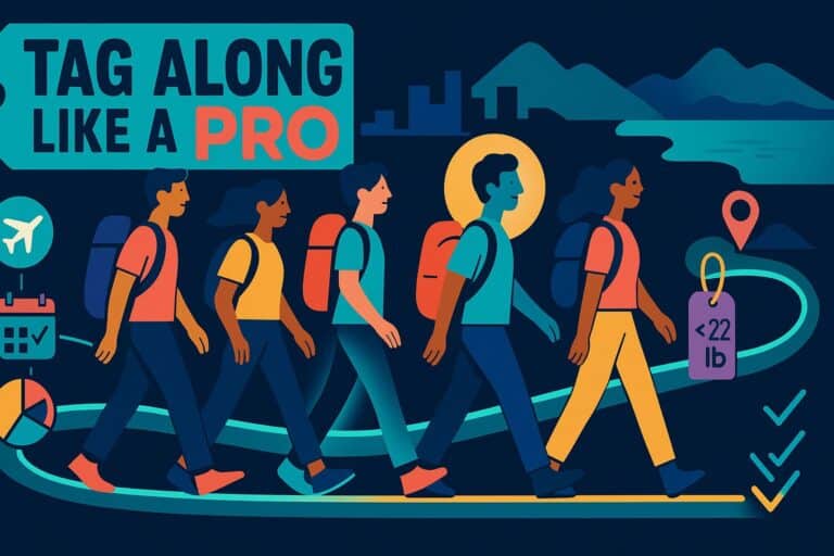 Travelers walking along a scenic shoreline illustration, with motivational text "Tag Along Like a Pro," emphasizing adventure, exploration, and travel experiences.