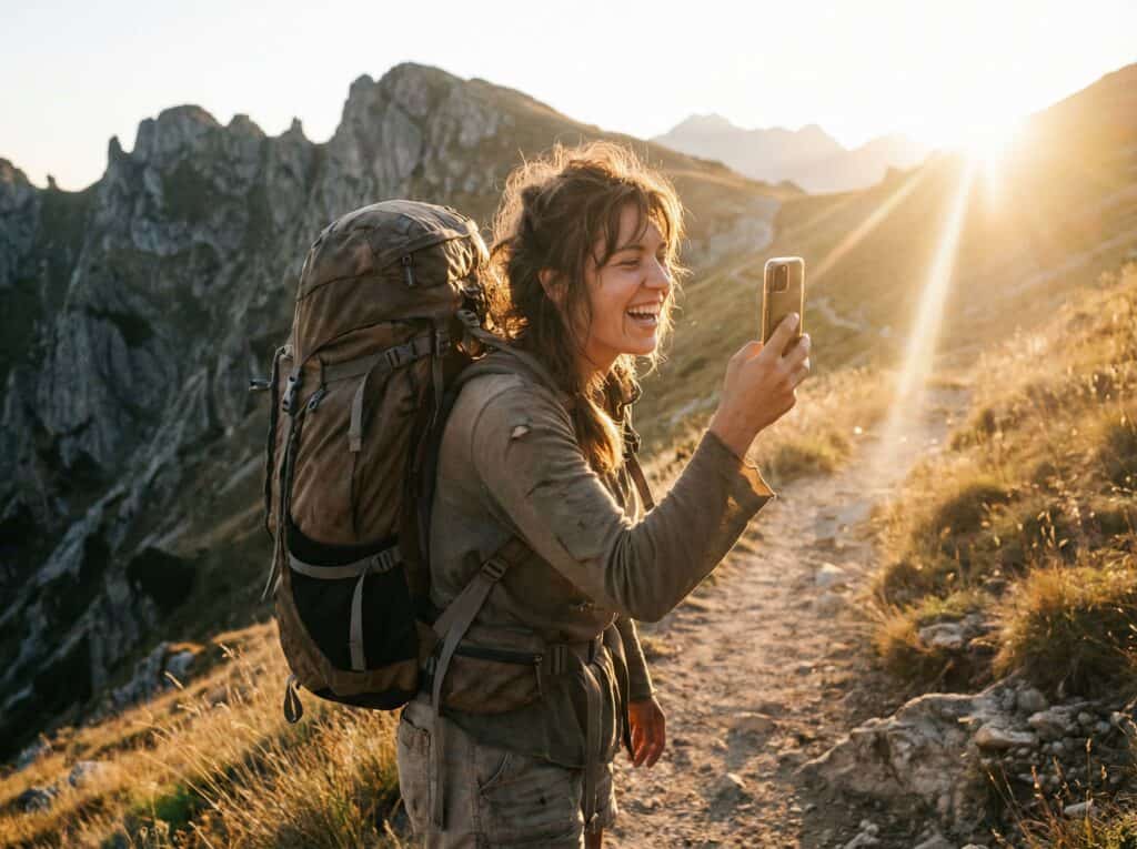 Digital Natives Decoded: 7 Gen Z Trends You Need to Know 3 Young woman with backpack hiking on mountain trail, smiling and taking a selfie during sunset, surrounded by scenic alpine landscape, outdoor adventure, and exploration.