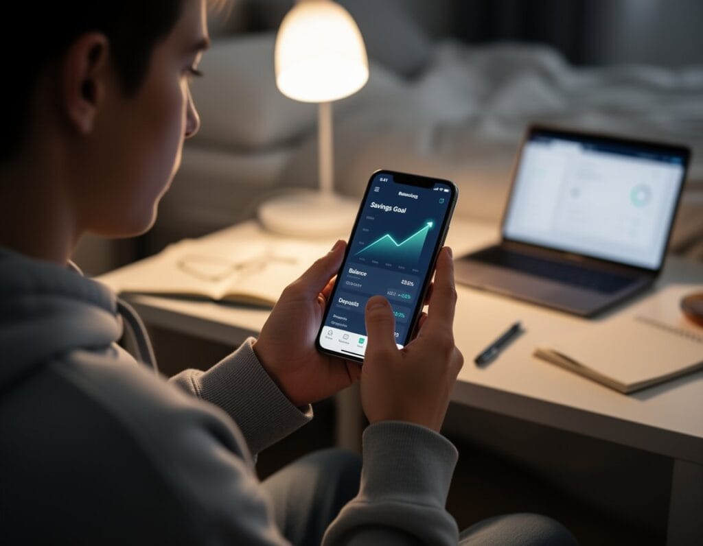 Digital Natives Decoded: 7 Gen Z Trends You Need to Know 2 Close-up of a young man using financial app on smartphone, working on investment portfolio, in cozy home setting with laptop and notepad nearby, emphasizing personal finance and investment strategies.