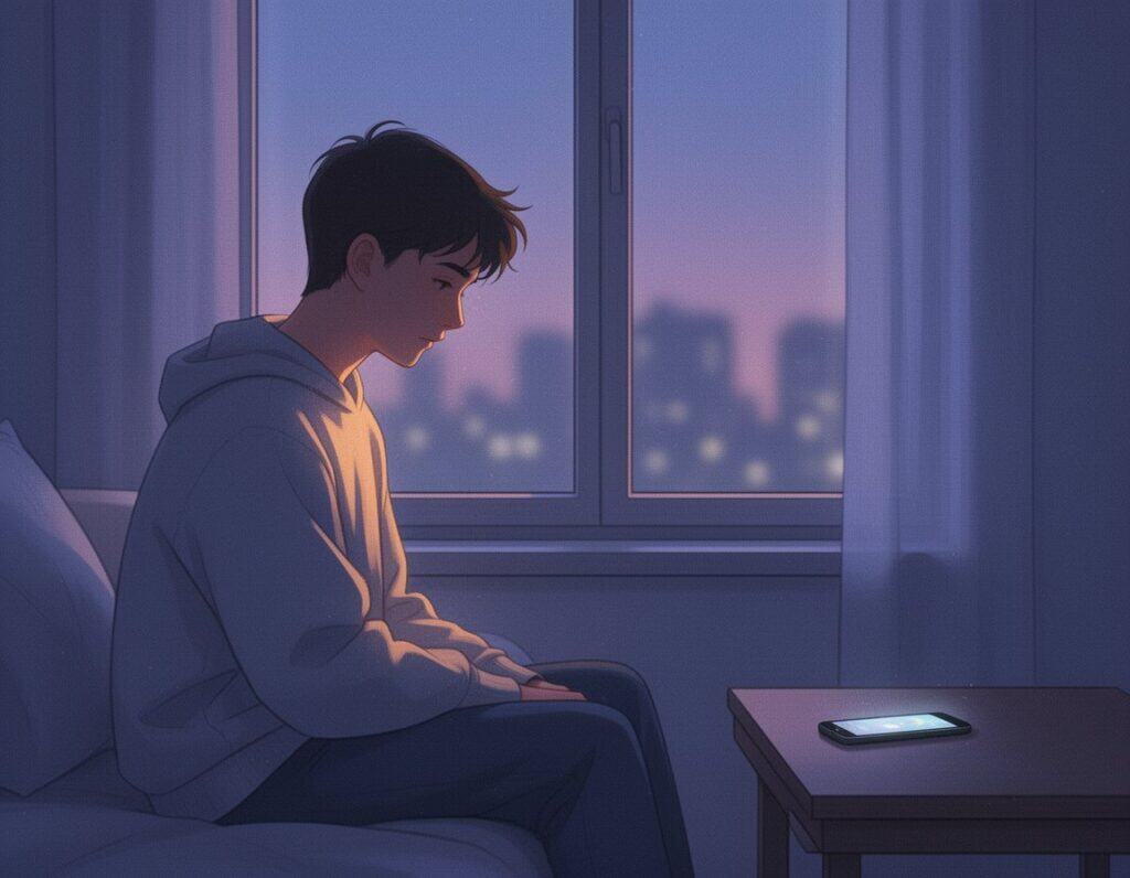 Digital Natives Decoded: 7 Gen Z Trends You Need to Know 4 Young man sitting on bed looking at smartphone during evening, cityscape view through window, introspective mood, digital lifestyle, modern youth, quiet moment, nighttime ambiance, personal reflection, urban setting.