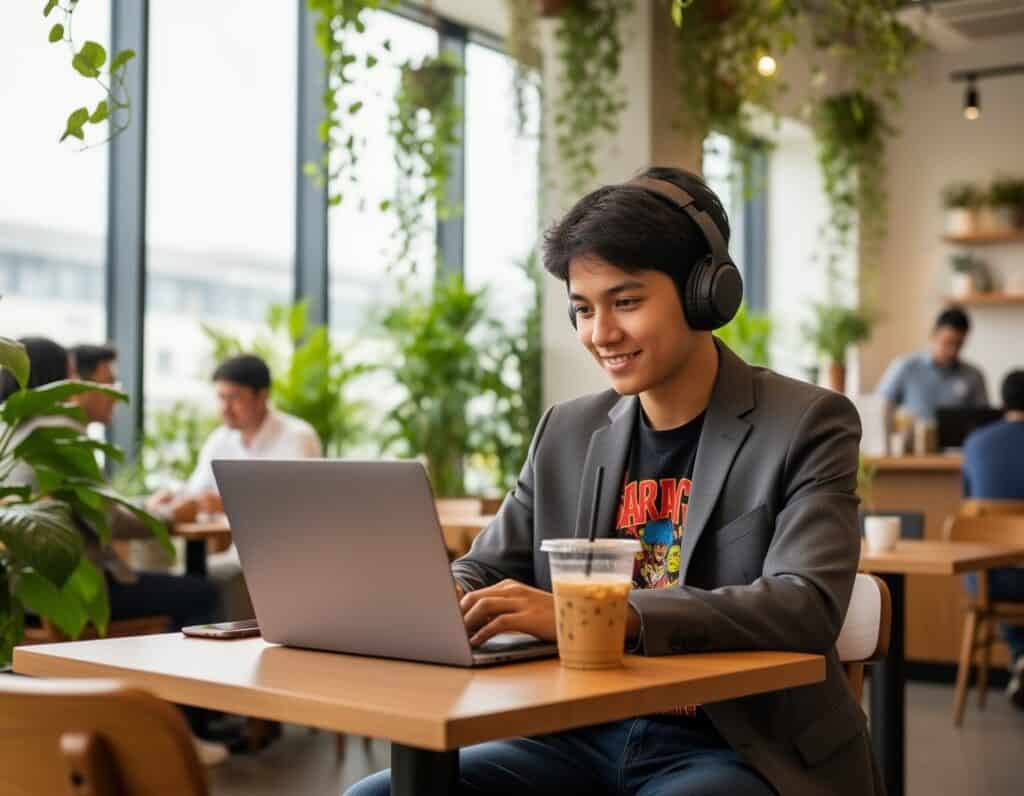 Digital Natives Decoded: 7 Gen Z Trends You Need to Know 5 Young man using laptop with headphones in modern café, working or studying, surrounded by greenery, coffee, and casual stylish attire.