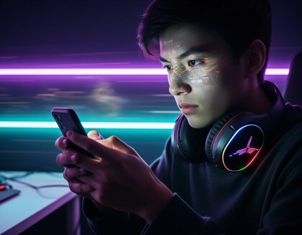 Digital Natives Decoded: 7 Gen Z Trends You Need to Know 6 Close-up of a young male gamer intensely looking at his smartphone screen, wearing gaming headphones with colorful LED lights, in a dark room illuminated by vibrant neon lights, reflecting high-tech gaming ambiance.