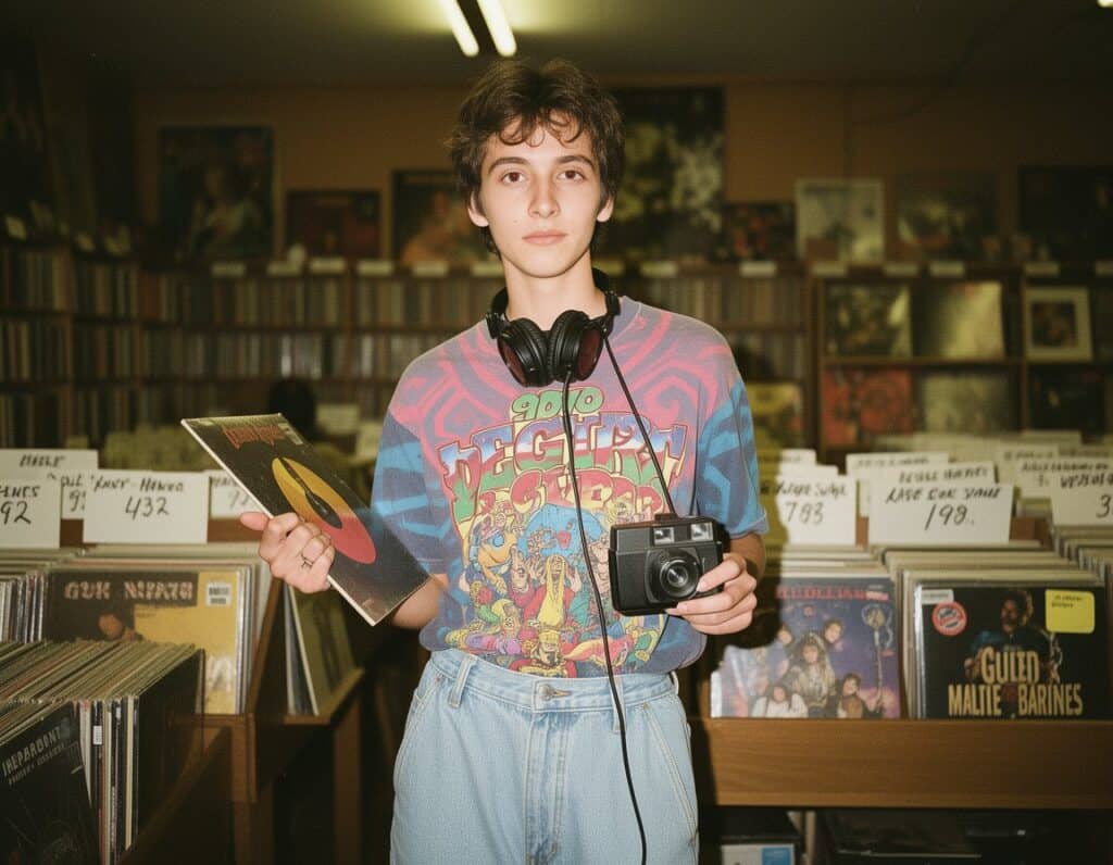 Digital Natives Decoded: 7 Gen Z Trends You Need to Know 7 A young man with short curly hair in a colorful retro t-shirt, standing in a record shop with shelves of vinyl records, holding a camera and a record, embodying a musical enthusiast and vintage music lover.