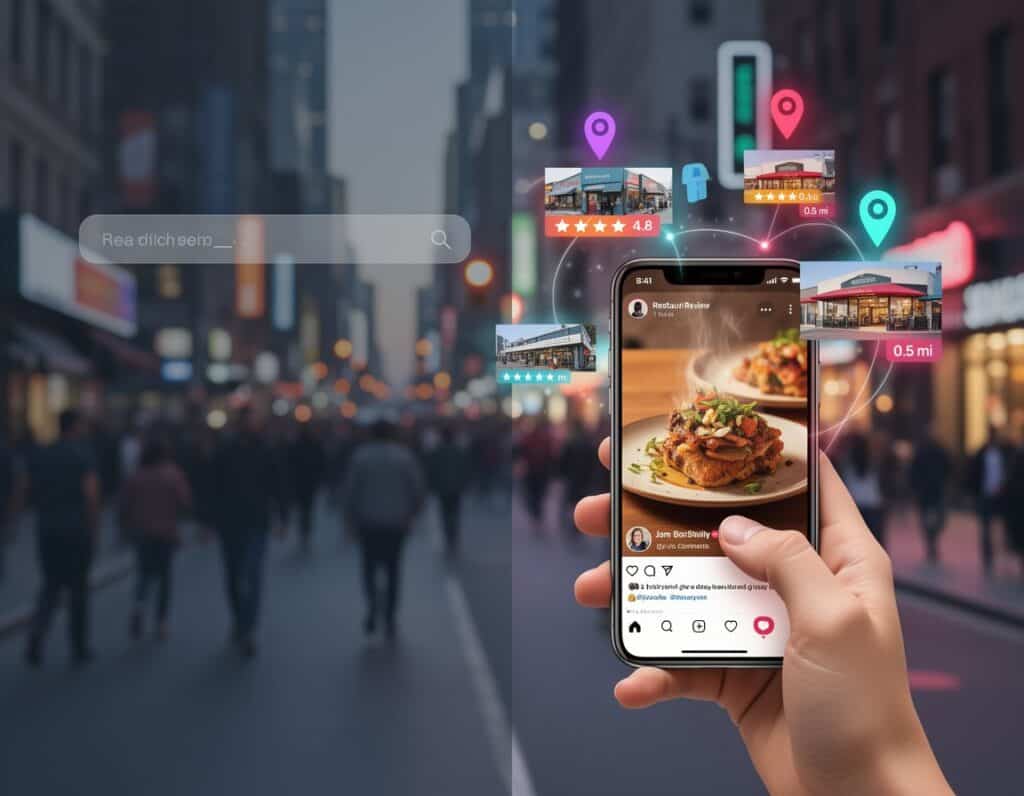 Digital Natives Decoded: 7 Gen Z Trends You Need to Know 8 Smartphone showing food review app with restaurant images, ratings, and delivery markers on a city street background, highlighting modern food review and delivery services.
