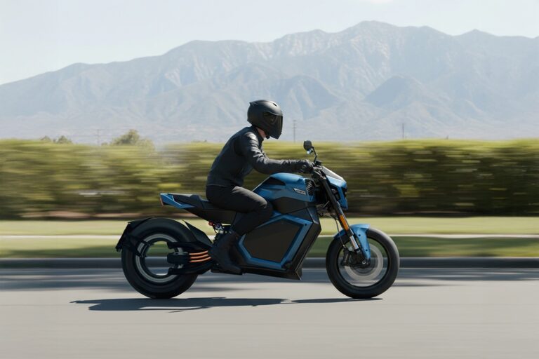 Futuristic electric motorcycle rider in black gear riding on open road with mountains in background.