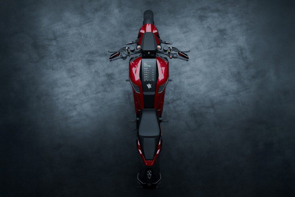 Verge TS Pro 2025 by Verge Motorcycles: 7 Next-Level Upgrades 10 Electric motorcycle with sleek red and black design and digital display, top view showcasing modern, high-performance urban transportation, perfect for motorcycle enthusiasts on Unfinished Man.