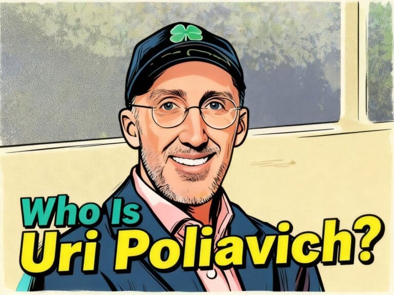 Uri Poliavich cartoon illustration with glasses, a beard, and a black cap featuring a green logo, smiling indoors near a window, in a colorful and engaging style.