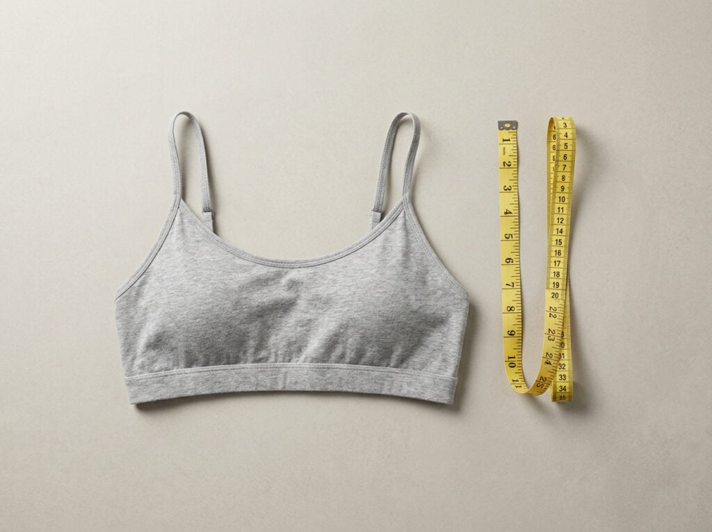 Comfortable gray bralette with measuring tape for fitting and sizing.