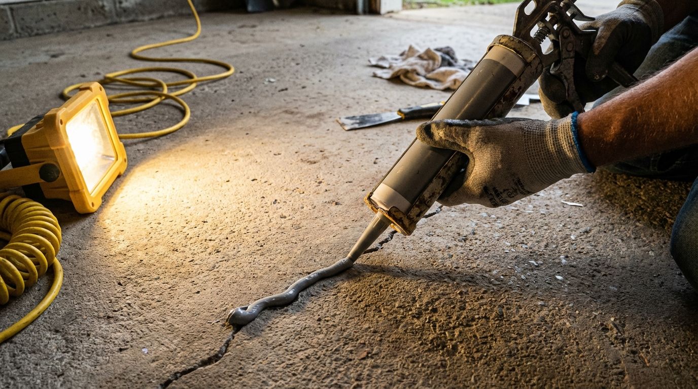 A person applying sealant to a crack in a concrete basement floor. A person applying sealant to a crack in a concrete basement floor.