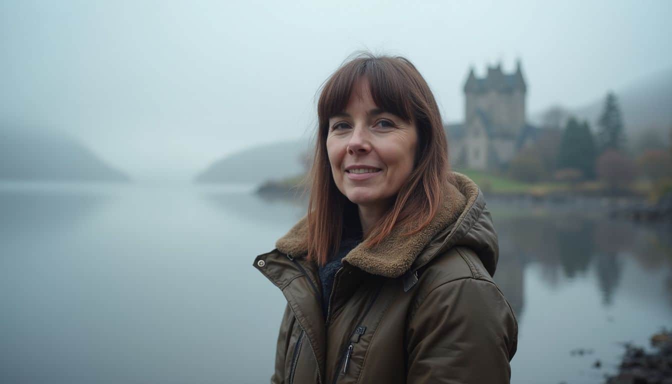 Serene woman standing near a misty lake with a castle in the background, dressed warmly for outdoor exploration, showcasing adventure and tranquility.