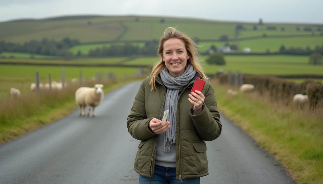 Sheep farm countryside woman smiling holding smartphones outdoor rural landscape.