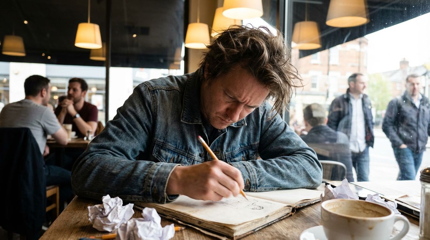 A creative professional sketching furiously in a notebook at a busy cafe. A creative professional sketching furiously in a notebook at a busy cafe.