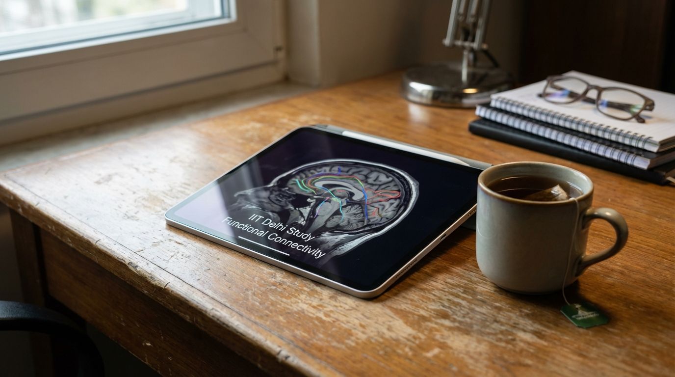 A tablet on a desk displaying a brain scan graphic related to the IIT Delhi study.