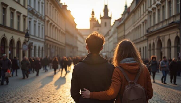 People walking on historic city street during sunset with a young couple embracing, capturing urban lifestyle and romantic moments, ideal for lifestyle and travel content.