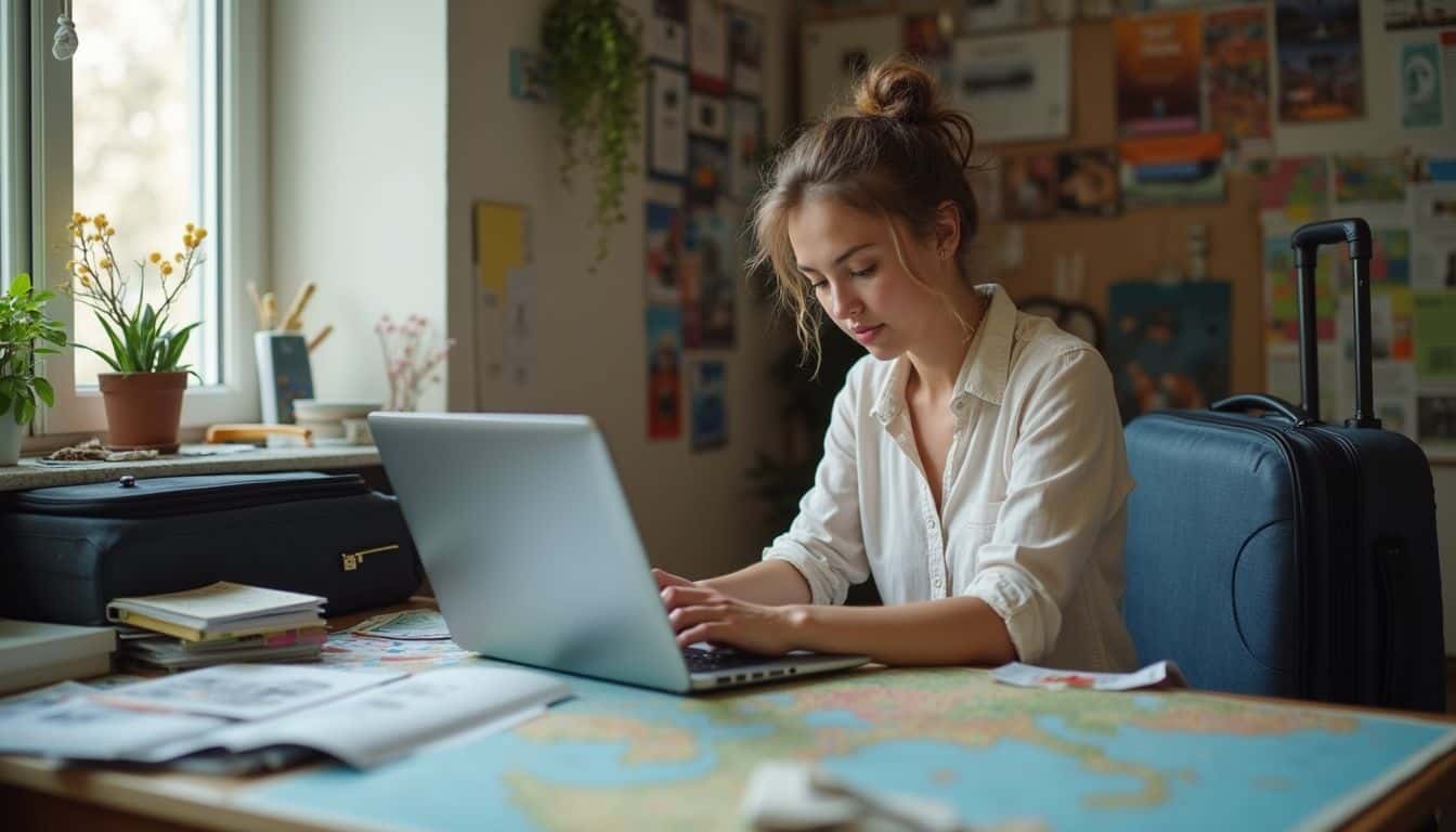 A woman in her mid-30s packs for travel while checking rail schedules on her laptop at a messy desk. Young woman working on a laptop at a travel planning desk with suitcase and travel documents.