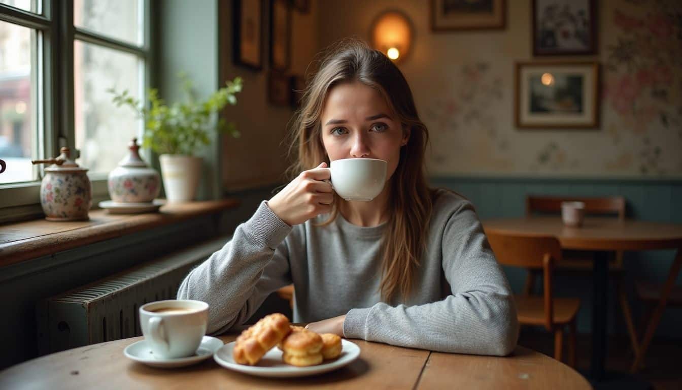 A woman in her 30s enjoys coffee and pastries at a cozy, slightly cluttered café in Vienna. Enjoying a peaceful morning in a cozy café with tea, pastries, and warm ambiance, featuring a young woman relaxing and having breakfast, ideal for lifestyle or coffee shop SEO content.