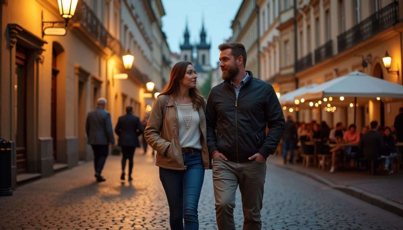 A couple enjoys a relaxed stroll down a cobblestone street in Prague, capturing a genuine moment together. A couple enjoys a relaxed stroll down a cobblestone street in Prague, capturing a genuine moment together.